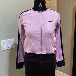 Puma T7 Track Jacket lavender & black RARE Puma Cat Outline Print Girls L EUC